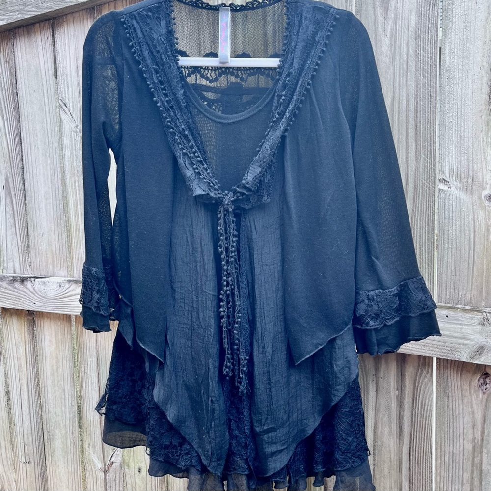PRETTY ANGEL Size Small Tunic Boho Festival Layered Lace Slip On Top
